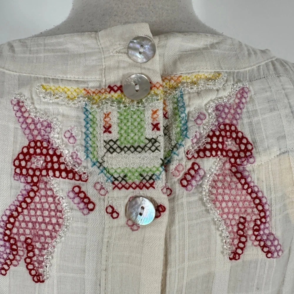 Y2K Da-Nang White Boho Sleeveless Cotton Embroidery Beaded Shift Dress Size S - Picture 11 of 15